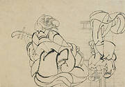 Two sketches:  Lady playing samisen and Lady looking between open shoji