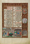 October Calendar Page; Slaughtering and Ox and Grape Harvesting; Libra