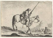 Plate 12: A soldier on horseback, holding a musket in his right hand, in profile descending a slope towards the right, other soldiers on horseback to right in the background, from 'Various Figures' (Agréable diversité de figures)