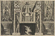 Chimneypiece in the Egyptian style: Giant figures supporting the lintel, flanked by chairs, from Diverse Maniere d'adornare i cammini... (Diverse Ways of ornamenting chimneypieces...)