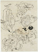 Miscellaneous figures: summer pleasures, figures seated on the verandah; and (lower) Samurai