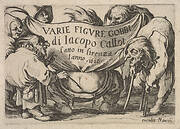 Title page, Varie figure gobbi by Jacques Callot, a squatting figure with bare buttocks surrounded by two figures holding the inscribed drapery and three other figures