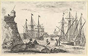 View of a part of Calais (Veue d'un coin de Calais), a man sitting on an overturned canoe on the pier in center, men cooking over a fire to left, various figures and two ships docked in the background, from 'Views of seaports' (Vues de ports de mar)