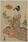 Woman Holding a Wooden Cup Stand Decorated with Chrysanthemums (from the series Elegant Pictures of the Five Seasonal Festivals)