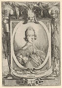 A portrait of Francesco de' Medici, within an oval frame, decorated with military equipment, battle scenes at bottom left and right outside of frame