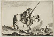 Plate 12: A soldier on horseback, holding a musket in his right hand, in profile descending a slope towards the right, other soldiers on horseback to right in the background, from 'Various Figures' (Agréable diversité de figures)