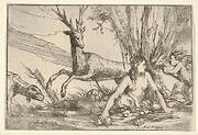 Earth, represented by Cybele seated at the base of a tree with fruits of the earth spread before her, a cupid with a torch approaches from the right, a stag and hound look toward Cybele from the left, from "The Elements"