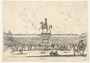 Plate 3: La Place Royale, equestrian statue of Louis XIII in profile facing the left in center, various horsemen and figures in background, from 'Various Figures' (Agréable diversité de figures)