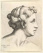 Woman with a bound tress of hair in profile to right