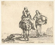 Plate 14: a young peasant woman and her child sitting side saddle atop a horse in center, another peasant woman to right, holding a large bag in her left arm, from 'Diversi capricci'