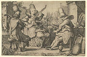 Two Elegantly Dressed Men and a Woman in a Garden