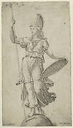 Pallas Athena standing on a globe, holding a spear in her left hand and her shield in her right