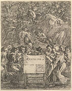 Frontispiece for 'The Works of Scarron' (Œuvres de Scarron); the poet sitting in a chair, seen from behind, women to either side representing caricatures of the nine muses, Pan, Bacchus, and Pegasus on a representation of Mt. Helicon above