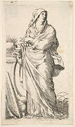 Robed woman standing next to a plinth, her right hand bears a palm branch, a harp rests against the plinth