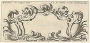 Plate 10: a cartouche with the heads of two lions in profile to left and right in the center, two chimera heads to either side below with their mouths around empty escutcheons, from 'Twelve cartouches' (Recueil de douze cartouches)