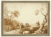 Landscape with Travellers, Two Riding in a Carriage Driven by a Postilion and a Third on Horseback behind