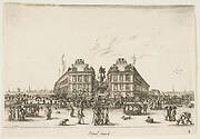 Plate 2: La Place Dauphine, on the coast of Pont Neuf, the equestrian statue of Louis XIII in center, seen from the back and numerous figures, from 'Various Figures' (Agréable diversité de figures)