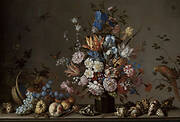 Still Life with Tilted Basket of Fruit, Vase of Flowers, and Shells