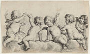 Three Cherubs and Two Boys on Clouds