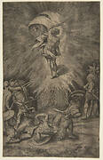 The resurrection of Christ, holding a banner in his right hand, soldiers surrounding the tomb, some falling away