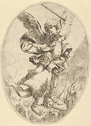 The winged archangel Saint Michael holding a sword and standing on the head of the devil, who descends into hell, an oval composition, after Reni