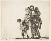 Plate 22: a beggar woman with three children, one child on her shoulders, one child in her arms, and one child who walks in front of her to left, from 'Diversi capricci'