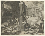 A plague scene at right, a man at left holding a torch illuminating part of the scene at left, ill people at the right