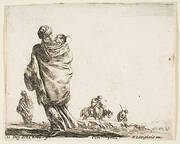 Plate 21: a poor woman to left, seen from behind, enveloping her child in a shawl, another woman seen from behind to left in background, a woman atop a horse and a man to right in background, from 'Diversi capricci'