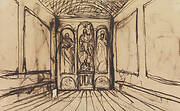 Study of an Interior Room with Religious Images on the Wall Panels