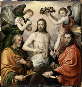 Resurrected Jesus Christ surrounded by St. Peter and St. Paul