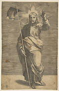 Christ standing facing forward, holding a cross with a banner and raising his left hand