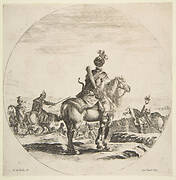 Polish horseman with a bow and arrow, seen from behind with his horse facing right, a circular composition, from 'Figures on Horseback' (Cavaliers nègres, polonais et hongrois)