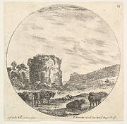 Plate 13: ruins of an ancient temple in the background, a herd of cows in the foreground, a round composition, from 'Roman landscapes and ruins' (Paysages et ruines de Rome)