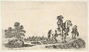 A horseman facing right in profile asking a young man for directions, a dead horse to left, a group of horsemen to left in the background, from 'Various figures and lands' (Diverse figure e paesi)