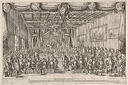 Banquet of the Piacevoli, various men are seated at long tables around the perimeter of a large room, a man seated to the right giving a dog table scraps, curtains are draped around the image, Medici coat of arms at top center