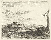 Landscape with corner of building and awning at far right, two figures and a horse-drawn cart are positioned with backs toward the building, a craggy hill beyond, from the series 'The Small Landscapes'