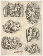 Six subjects after antique cameos: female figures tending to a seated male figure; putti and dolphins; female figure holding the reins of a pair of rearing horses; intertwined naked figures flanked by music-playing satyrs; triton with shield-bearing female figure; naked male figure seated on goat-headed sea creature