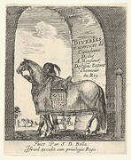 Beneath an archway, a groom holds the bridle of a horse shown in profile, facing left, the title page for 'Various cavalry exercises' (Diverses exercices de cavalerie)