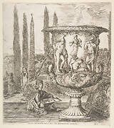 The Medici vase, a large vase to right decorated with a representation of the sacrifice of Iphigenia, on a garden terrace, a teenage boy seated to left with a pen and paper with a drawing of the vase, cyprus trees and an obelisk to left in the background, from 'Six large views, four of Rome, and two of the Roman countryside' (Six grandes vues, dont quatre de Rome et deux de la Campagne romaine)