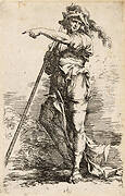 Standing warrior holding a long staff over his shoulder and pointing