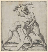 A naked man holding Fortune by the hair and whipping her