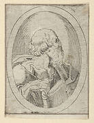 An apostle seen in profile facing right, holding an open book, in an oval frame, from Christ, the Virgin, and Thirteen Apostles