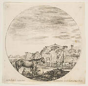 Plate 12: a shepherd sleeping on the ground to right, three horses to left, other horses and various figures to right, the Baths of Diocletian in the background, a round composition, from 'Roman landscapes and ruins' (Paysages et ruines de Rome)