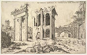 View of unidentified ruins with trabeated facade at left, arcades at center, and arch at right, from the series 'The Roman Ruins' (Praecipua aliquot Romanae antiquitatis ruinarum monimenta, vivis prospectibus)