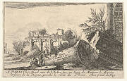 Frontispiece: a man reaches toward a fallen column, a seated man beside him, trees and ruins beyond, from the series 'Views of Italy' (Vues d'Italie)