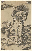 An allegory of Peace; Peace personified as a woman standing in a landscape holding the left hand of a winged genius