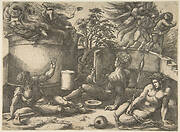 Cain in the center holding a mirror watching his sacrifice seated near Adam and Eve, in the background an angel expelling them from Paradise