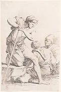 Two men sitting and another man holding a staff kneeling on a rock, from the series 'Figurine'