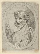 Saint Peter seen from behind, turning to face outwards and holding a key, in an oval frame, from Christ, the Virgin, and Thirteen Apostles