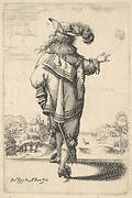 A gentleman wearing a plumed hat and carrying a sword, seen from behind, his right arm outstrestched, a landscape in the background with houses and a tower